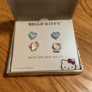 Hello Kitty Stud Earring Set Of 2 Fine Silver Plated Hearts & Kitty